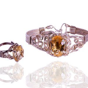 Artisan Handcrafted Sterling Silver Wrapped Citrine Cuff Bracelet, Cocktail Ring